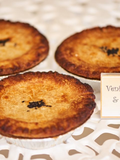 Traditional venison and game pies, freshly baked